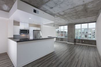 Wood plank style flooring in unfurnished living room